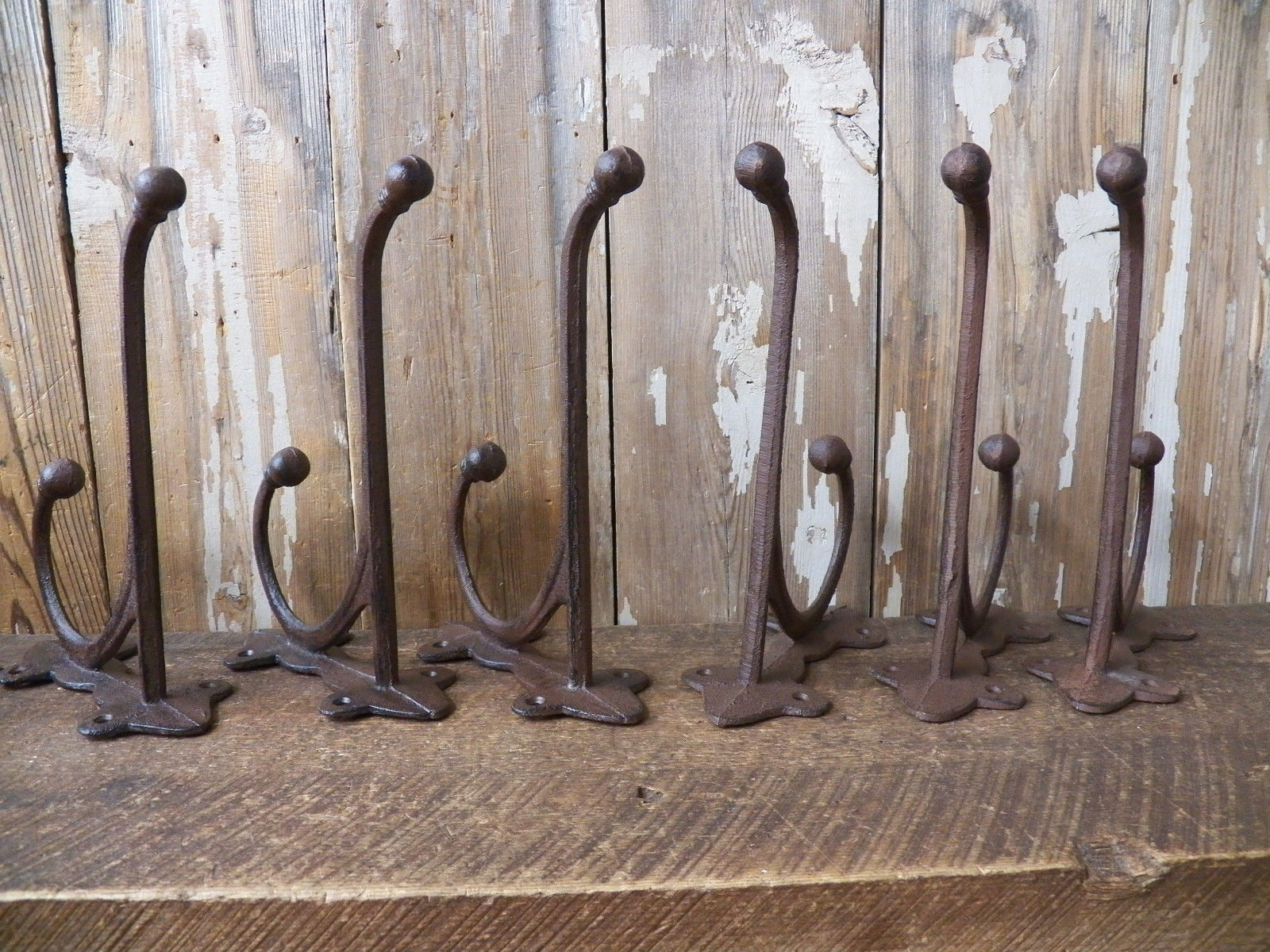 6 LG BROWN 9.25" ANTIQUE-STYLE HARNESS WALL HOOKS CAST IRON rustic barn outdoor 