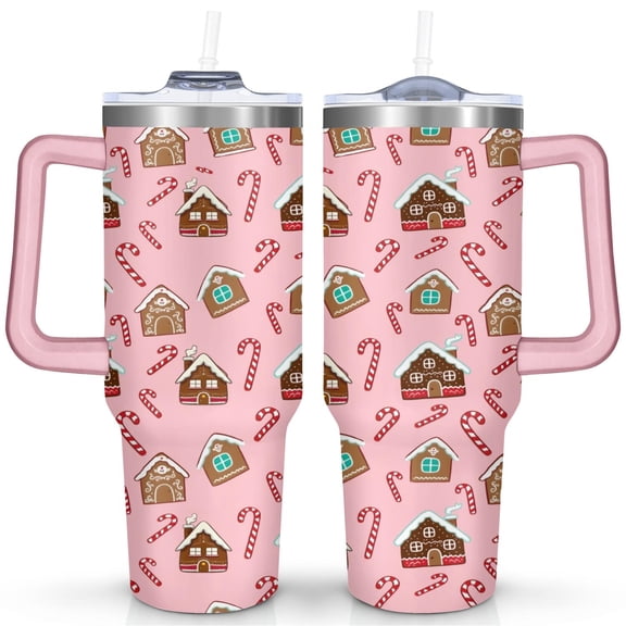 Christmas 40 OZ Tumbler with Handle Rust Resistant Insulated Coffee Mug Christmas Hand-painted Gingerbread House and Candy Cane Cafe Tumblers for Spring Summer Tumbler for Fathers Husband Mothers