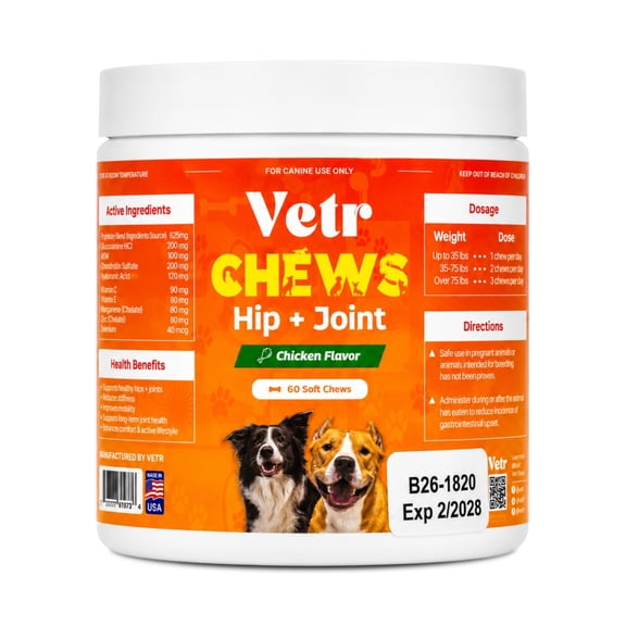 Vetr Hip & Joint Soft Chews for Dogs Glucosamine & MSM Chicken Flavor 60 Count
