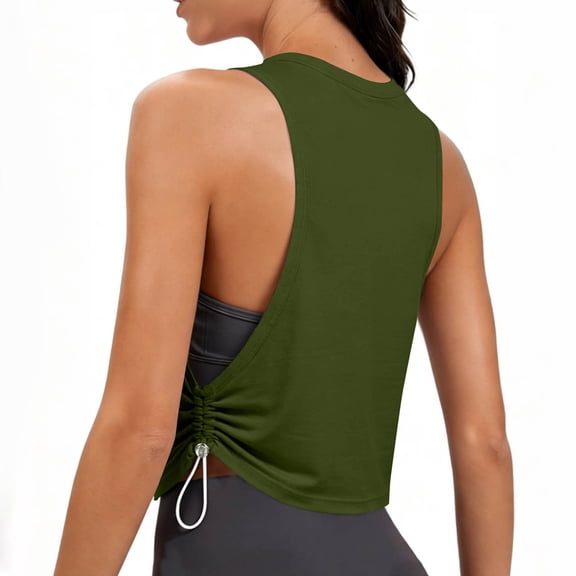 Sport Yoga Tank Tops for Women Cropped Sleeveless Athletic Shirts Large Armhole Ruched Gym Running tshirt( Army Green, M )