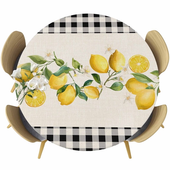Yellow Lemons Round Tablecloth, Fitted Table Cover with Elastic for 36"-44" Round Tables, Summer Watercolor Fruits Plaid Table Cloth Outdoor Indoor Dinning Party Waterproof Tablecloths