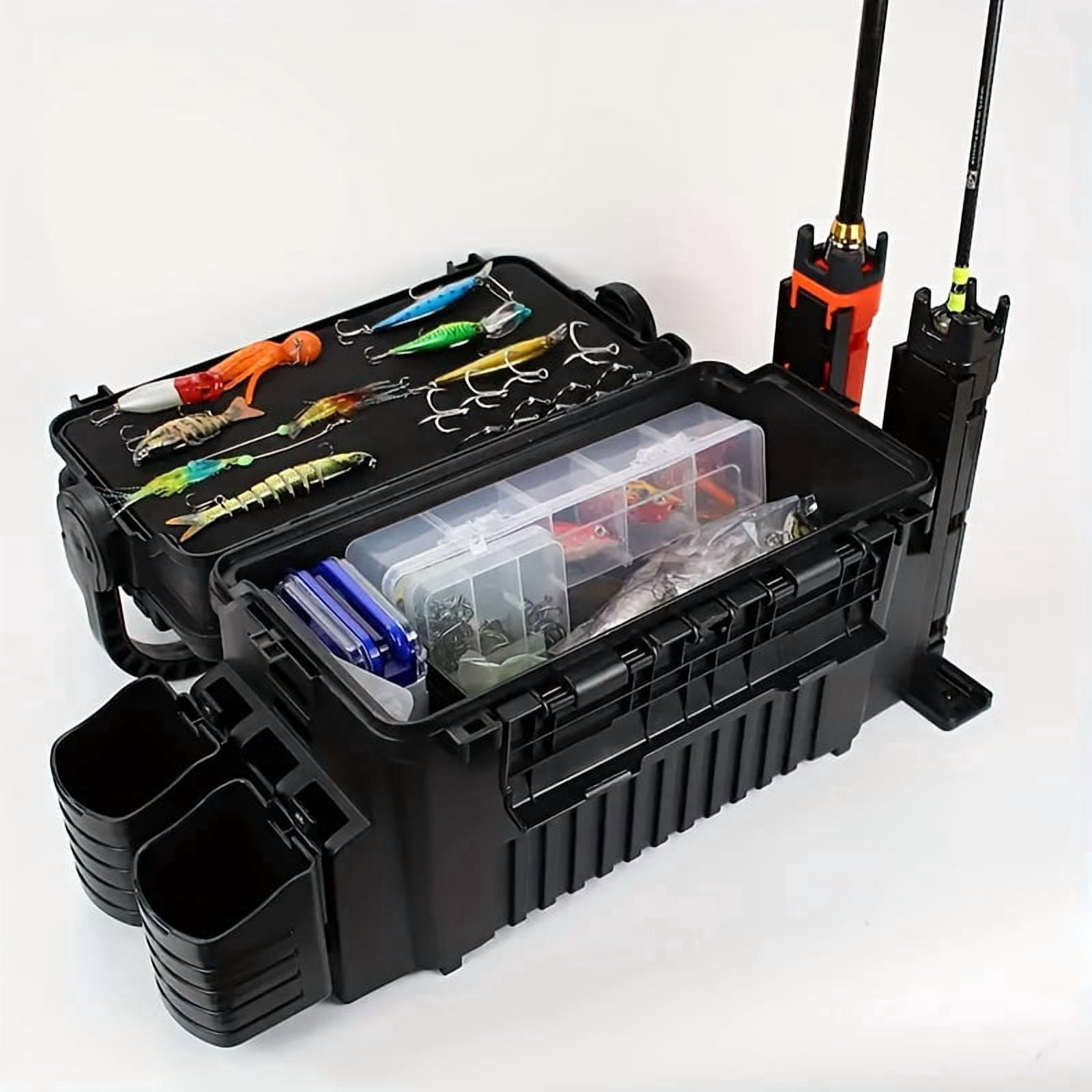 2.91Gal Dual-Layer ABS Fishing Tackle Box with 2 Rod Holders and 2 Cup Holders, Large Outdoor Fishing Storage Case