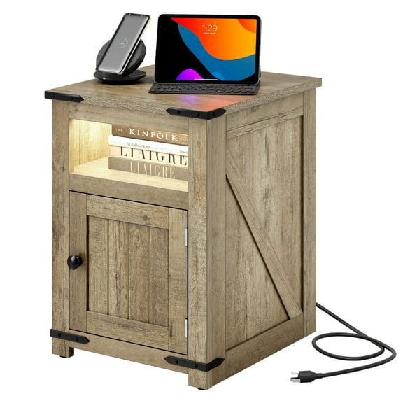 Uforic Wood Nightstand with Charging Station & LED Lights, End Table with Doors & Shelves, Oak
