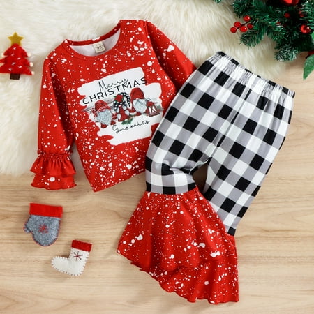 

FZM Christmas Toddler Girls Christmas Long Sleeve Letter Cartoon Prints T Shirt Tops Plaid Bell Bottoms Flare Pants Kids Outfits