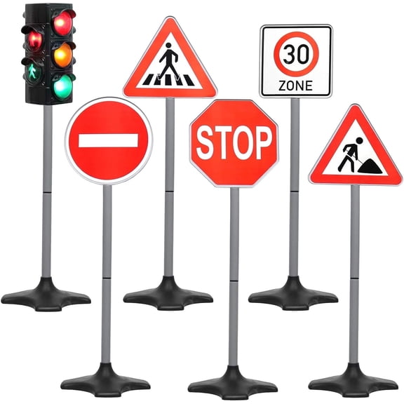 Kiddie Play Traffic Light and Road Signs Toy Kit for Kids, 5 Street Signs & 1 Stop Light 6-Piece Set