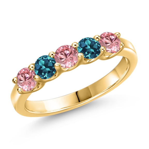 Gem Stone King 18K Yellow Gold Plated Silver Pink Lab Grown Diamond and London Blue Topaz Wedding-Bands Ring for Women | 0.98 Cttw | Round 3.5MM | Gemstone April Birthstone | Size 8