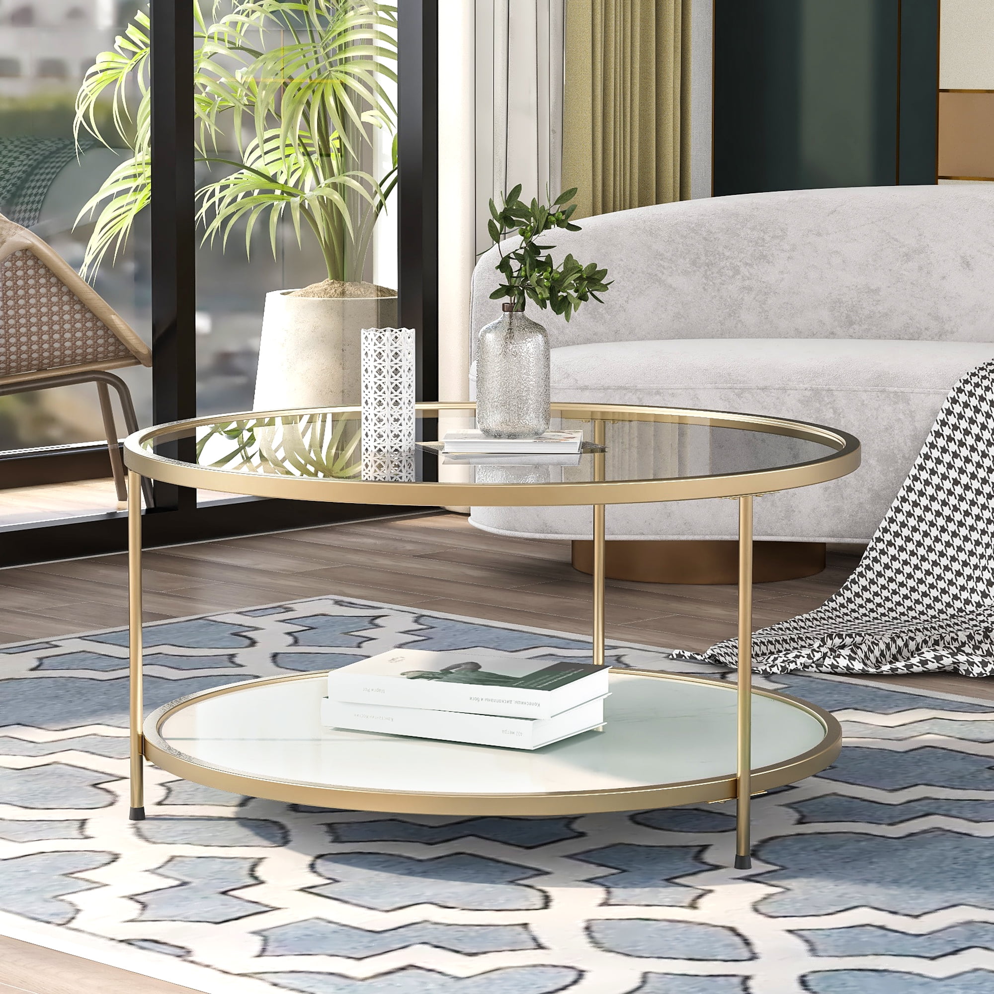 Churanty Round Metal Coffee Table for Living Room, Glass