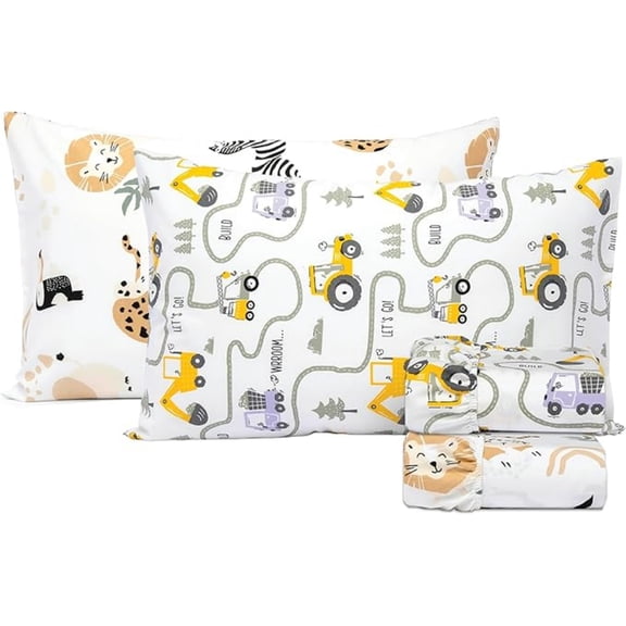 100% Cotton Bedsheet, Twin Sheet Set, Toddler Bed, 4-Piece Set – 2 Fitted Sheets & 2 Pillowcases, Themed Toddler Bed Sheets, Cute Kids Bedding (Jungle Safari/Tractor)