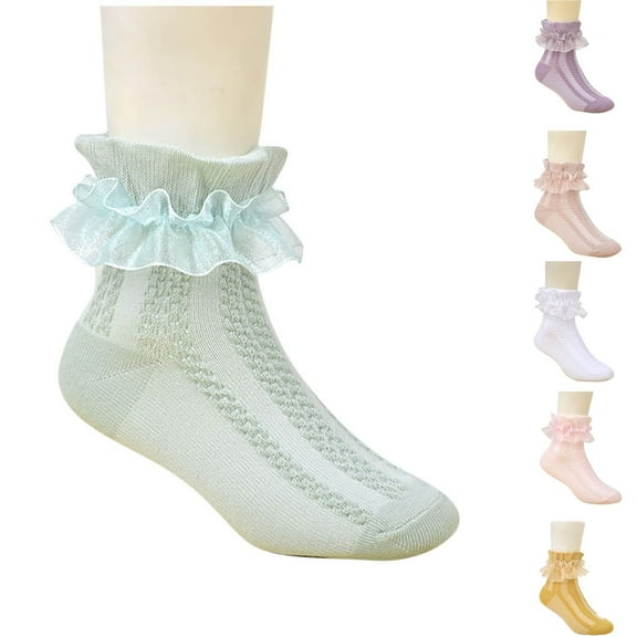 Mgmyaa 3 Pairs Crew Casual Socks Soft Breathable Cotton in Solid with Lace Detail Ventilated for School Daily All Season Girls Ages 1-15 Years