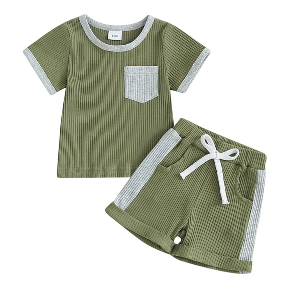 KYAIGUO Summer Infant Baby Pullover Tee 2PCS Outfit Lightweight Colorblocking Short Sleeve Top with One Pocket Suit for Newborn 0-24 Months