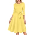 thumbnail image 5 of Delconic Women’s A-Line Midi Dress with 3/4 Sleeves and Waist Tie Elegant Crew Neck Fit Flared Skirt Design for Daily Wear Yellow S, 5 of 5