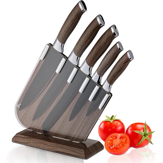 shiyou-Knife Set, Kitchen Knife 6 Pieces Set with Vertical Storage Transparent Knife Block, Stainless Steel Blade with Non-Stick Coating, Non-Slip Wood Grain Handle Perfect for Housewarming Gift