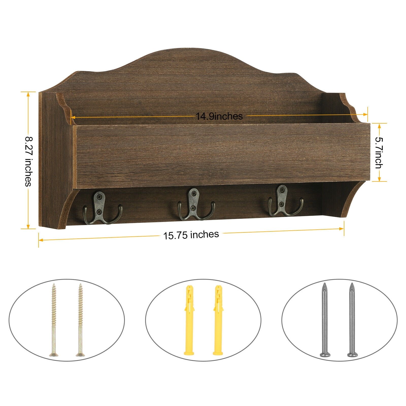 Rustic Wooden Wall Mounted Mail Sorter Wall Hanging Rack with 3 Double Key Hooks
