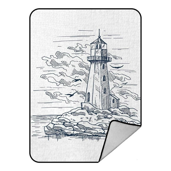 YUSDECOR Island With Rocks And Lighthouse Sketch Birds Near Clouds Blanket Crystal Velvet Throw Bed Blanket 58x80 inches