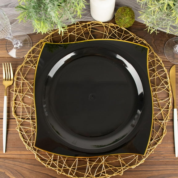 Efavormart 10 Pack | 10" Black / Gold Wavy Rim Square Hard Plastic Dinner Plates, Disposable Party Plates