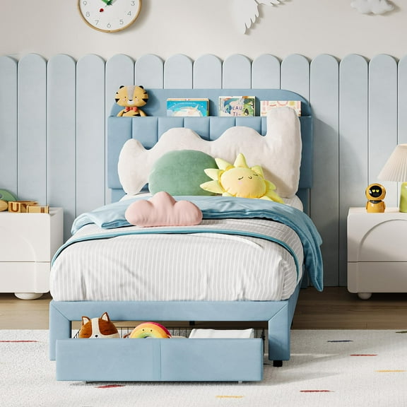 TROPOW Bed Frame,with Bookcase Headboard, Velvet Upholstered Platform Bed Frame with Under-Bed Drawer, No Box Spring Needed/Noise-Free, Light Blue