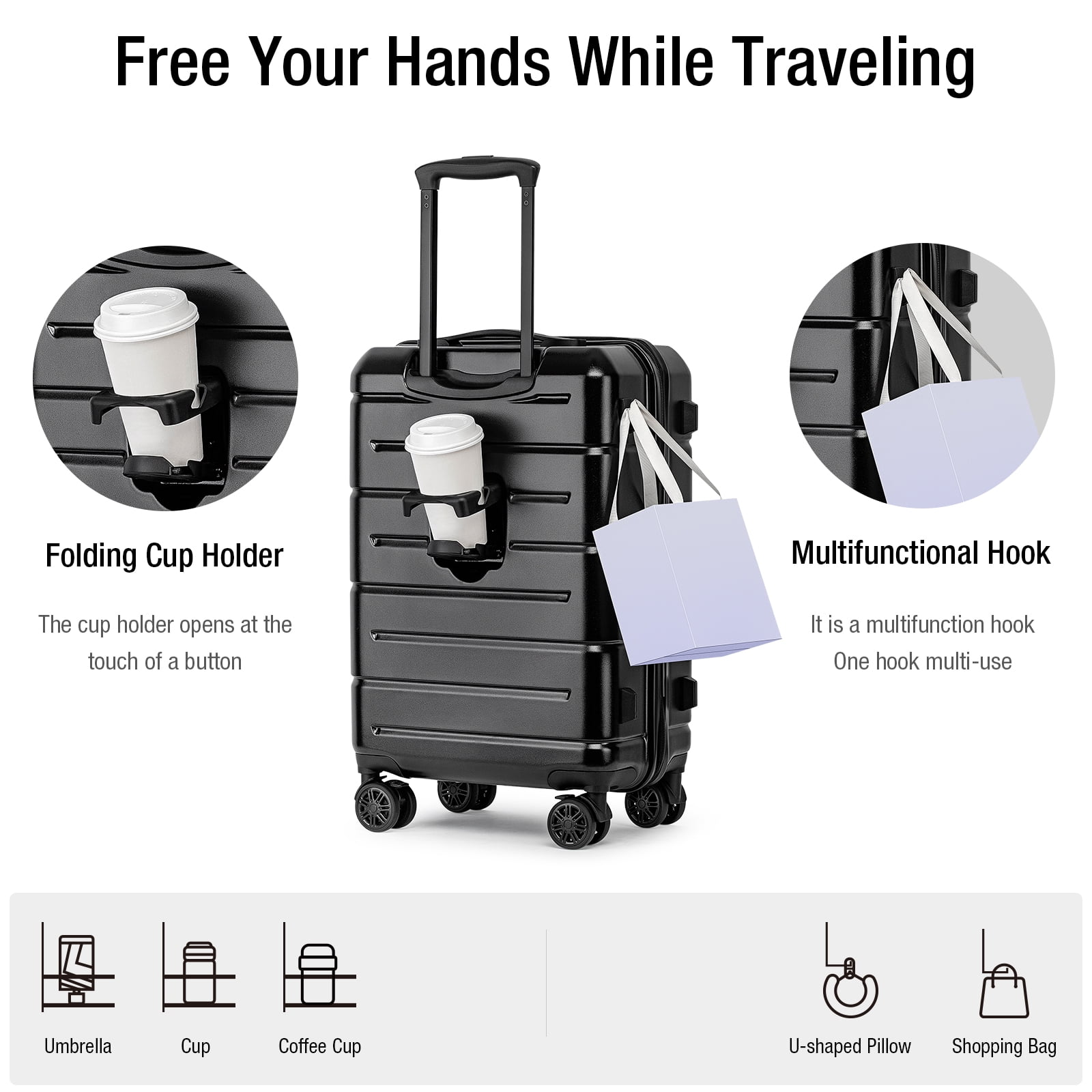 WEPLUS 3 Piece Hardside Carry On Luggage Sets TSA Lock Spinner Wheels 20"24"28" Suitcase with Cup Holder