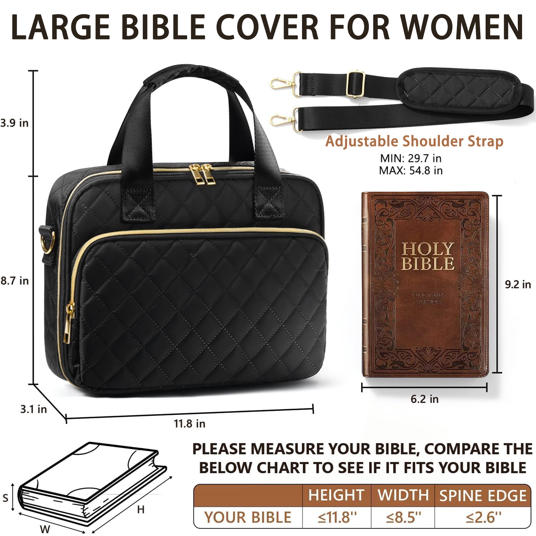 Bible Cover Case for Women, Large Bible Tote Bags Quilted Carrying Case with Shoulder Strap, Bible Study Supplies Journaling Kit, Christian Gift for Womenn (Black)