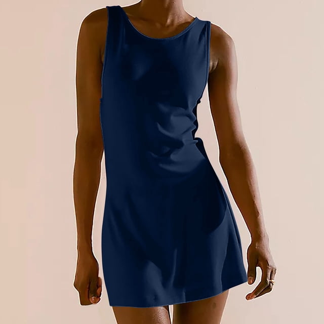 Rapport Qualité-Prix, Robe d'Été Aguichant Mode Femme Couleur Unie Dos Nu Sans Manches Col Rond, Robe Dos Nu Aguichant, Robe Couleur Unie, Robe Sans Manches Col Rond Élégante et Stylée/coton, Bleu Foncé