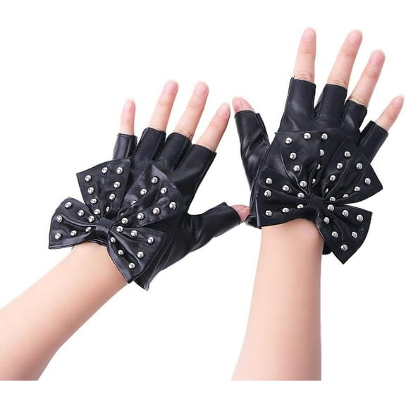 LinYooLi PU leather Gloves Fingerless Gloves,Punk Gloves Bowknot PU Leather Gloves, Gothic Fingerless Gloves for Cosplay Costume
