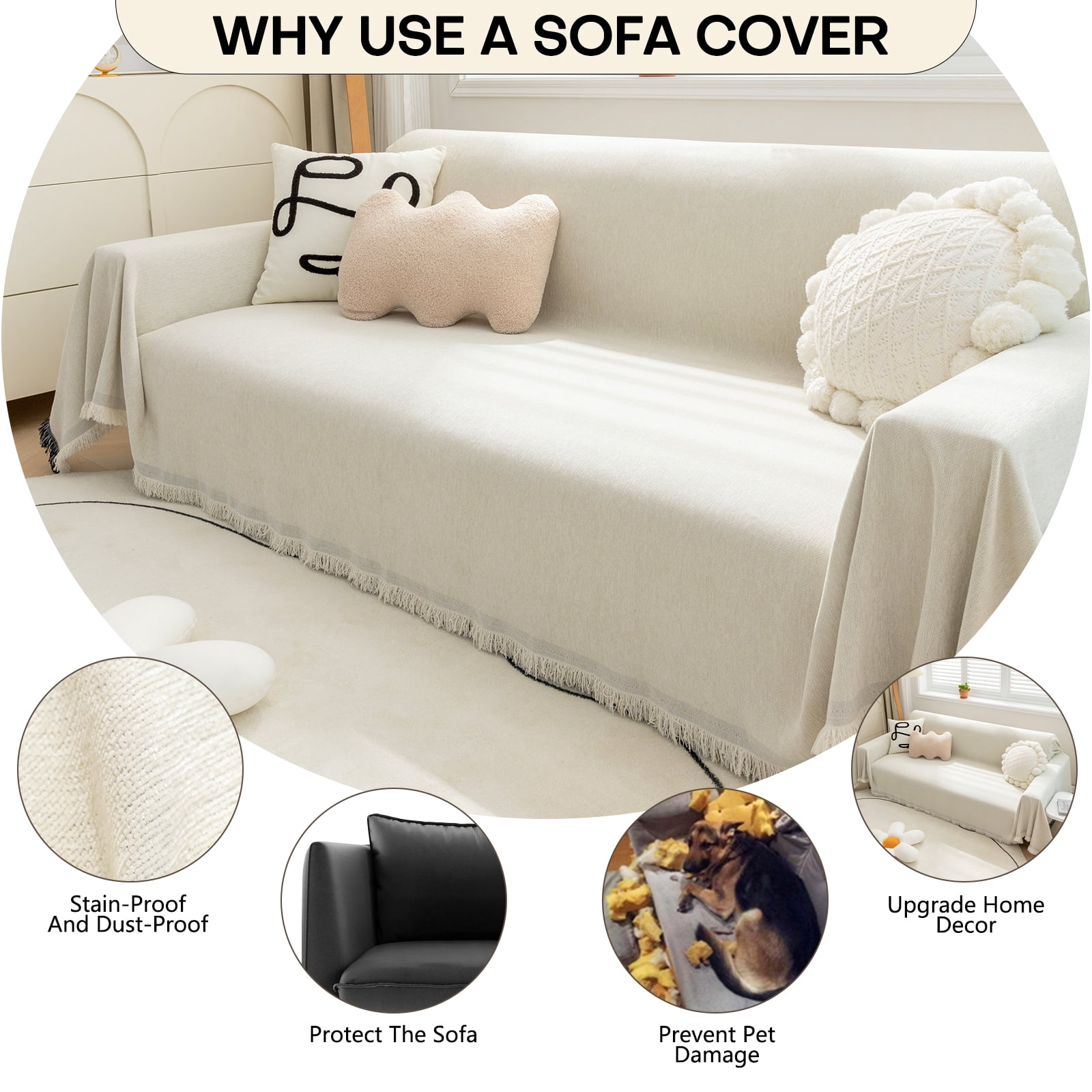 Lovote Water-Resistant Couch Cover Blanket Extra Large Sofa Blanket Strong & Sturdy Sofa Cover for Furniture Protect Machine Washable Farmhouse Style Blanket Sofa Home Decor (White, 91'' x 118'')