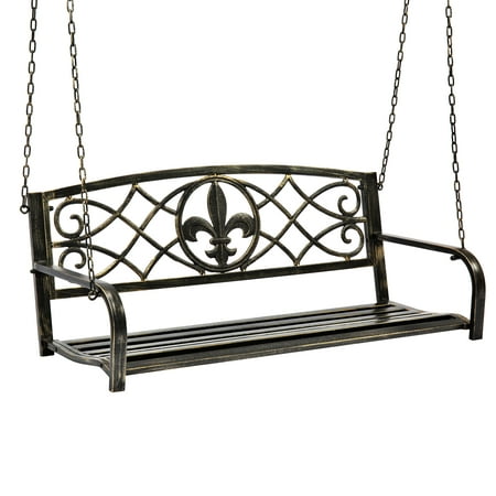 Best Choice Products Outdoor Furniture Metal Fleur-De-Lis Hanging Swing Bench w/ Weather-Resistant Steel for Backyard, Patio, Porch, Garden - (Best Material For Under Swing Set)