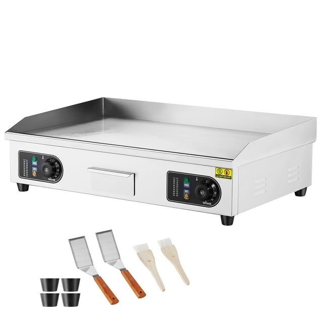 KFFKFF Professional Electric Griddle, 2800W Tabletop Flat Grill, Temperature Range 122℉-572 ℉, Dimensions 28.74 x 15.75 x 0.39in, Stainless Steel Grill Including 2 Shovels and 2 Brushes