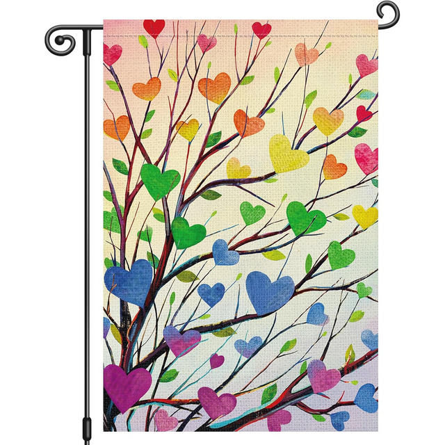 Pride Garden Flag 12x18 Inch - Double Sided Rainbow Tree & Love Heart Design for LGBTQ Welcome Yard Outdoor Decor