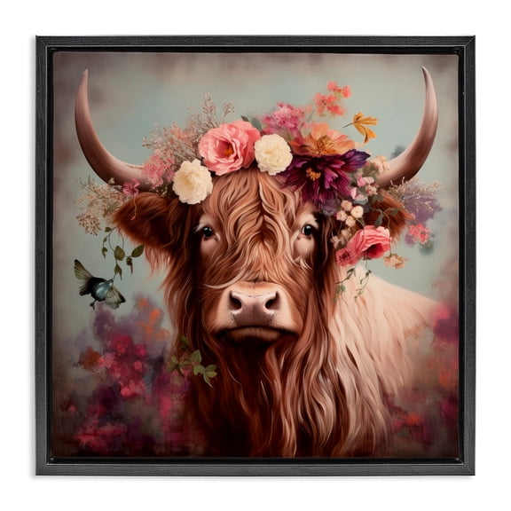 Stupell Industries Bohemian Longhorn & Flower Garland Black Floating Frame Canvas Art, 18 x 18, by Irena Orlov