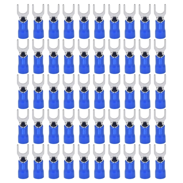 50 terminales de horquilla aislados tipo U, conector de cable de 12-10 AWG, crimpeado SV5.5-6, azul