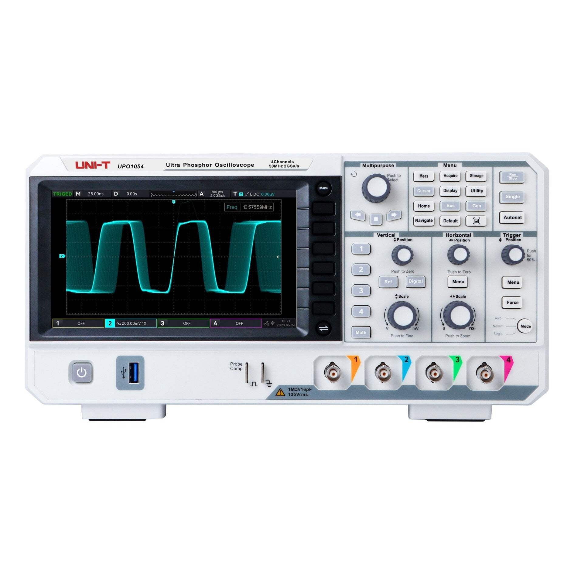 UNI-T UPO1054 DSO Ultra Phosphor Digital Oscilloscope 50MHz 4 Channels 2 GSa/s 56 Mpts Memory Depth 500,000 wfm/s 7 Inch Display Fast Acquire 1 Mpts FFT Points