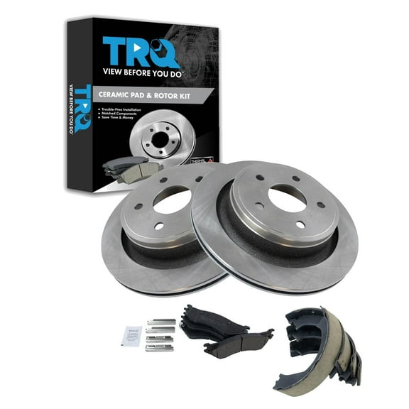 TRQ Rear Brake Pad & Rotor Kit Brake Pads Brake Rotor Parking Brake Shoe Set Ceramic Fits Select 2004-2006 Dodge Ram 1500