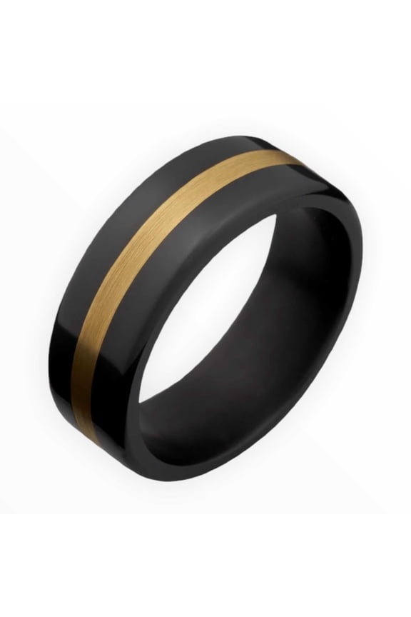 Black Zirconium Men’s Wedding Band | 14k Gold Inlay | High Gloss Finish | 6mm 7mm or 8mm Comfort Fit Men's Engagement Ring | Lifetime Warranty