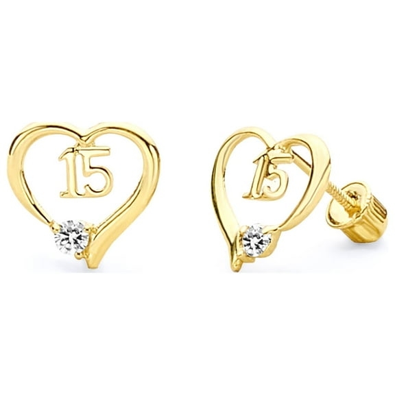 Wellingsale 14K Yellow Gold Polished Sweet 15 Stud Earrings With Screw Back