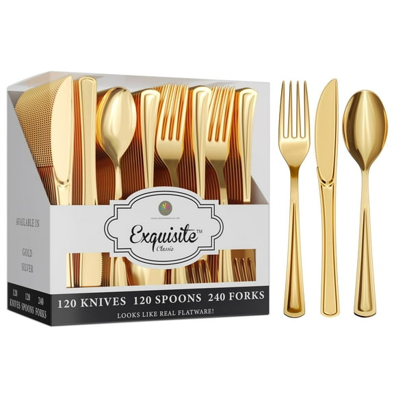 Exquisite Gold Heavy Duty Plastic Silverware Set, 480 Pcs – 240 Forks, 120 Spoons, 120 Knives