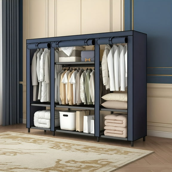 59 Inch Portable Wardrobe Cabinet with Hanging Rod & Shelves, Heavy-Duty Metal Frame & Fabric Doors for Dorm, Apartment & Bedroom, 110lb Capacity Easy Assembly Closet Organizer