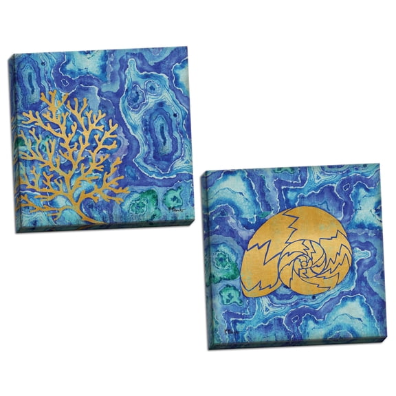 Gango Home Decor Coastal Blue, Teal & Gold Beach Decor | Agate Shell & Coral by Paul Brent (Ready to Hang); Two 12x12in Hand-Stretched Canvases