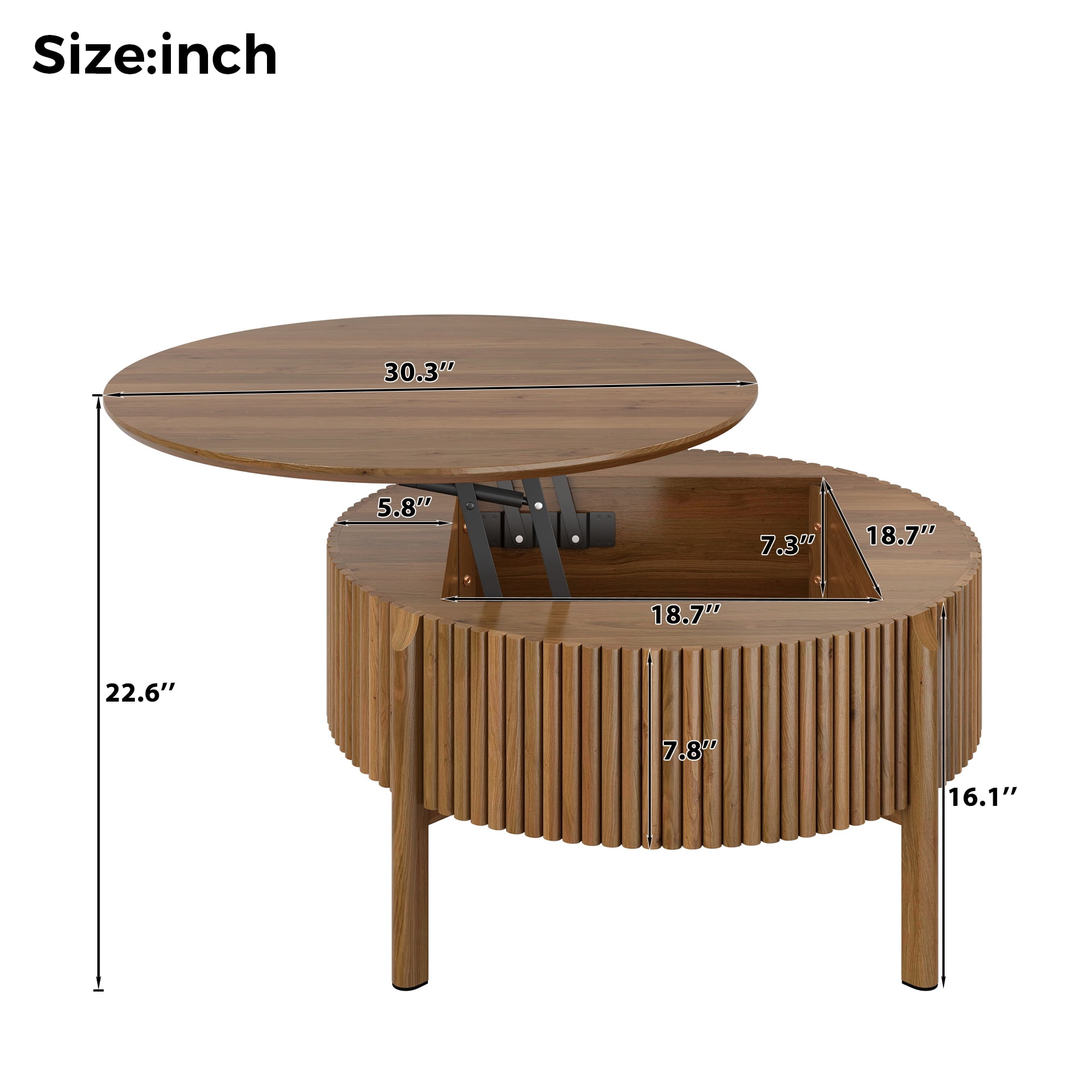 30.3-Inch Round Lift-Top Coffee Table with Hidden Storage and Fluted Base, Modern Farmhouse Center Table and Cocktail Table for Living Room, Walnut