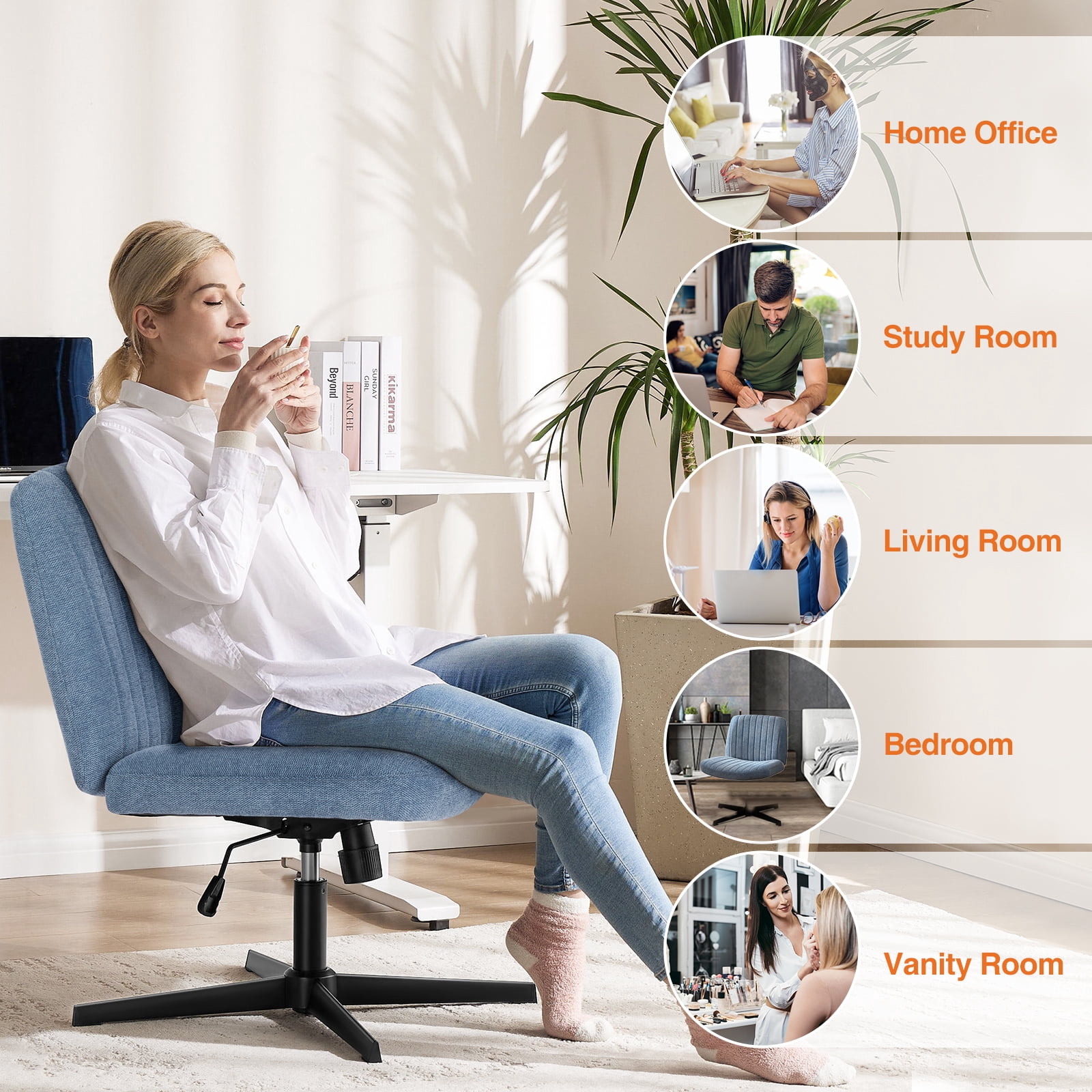 MAYEERTY Wide Desk Chair ，No Wheels Cross Legged Office Chair Armless Office Chair，Blue