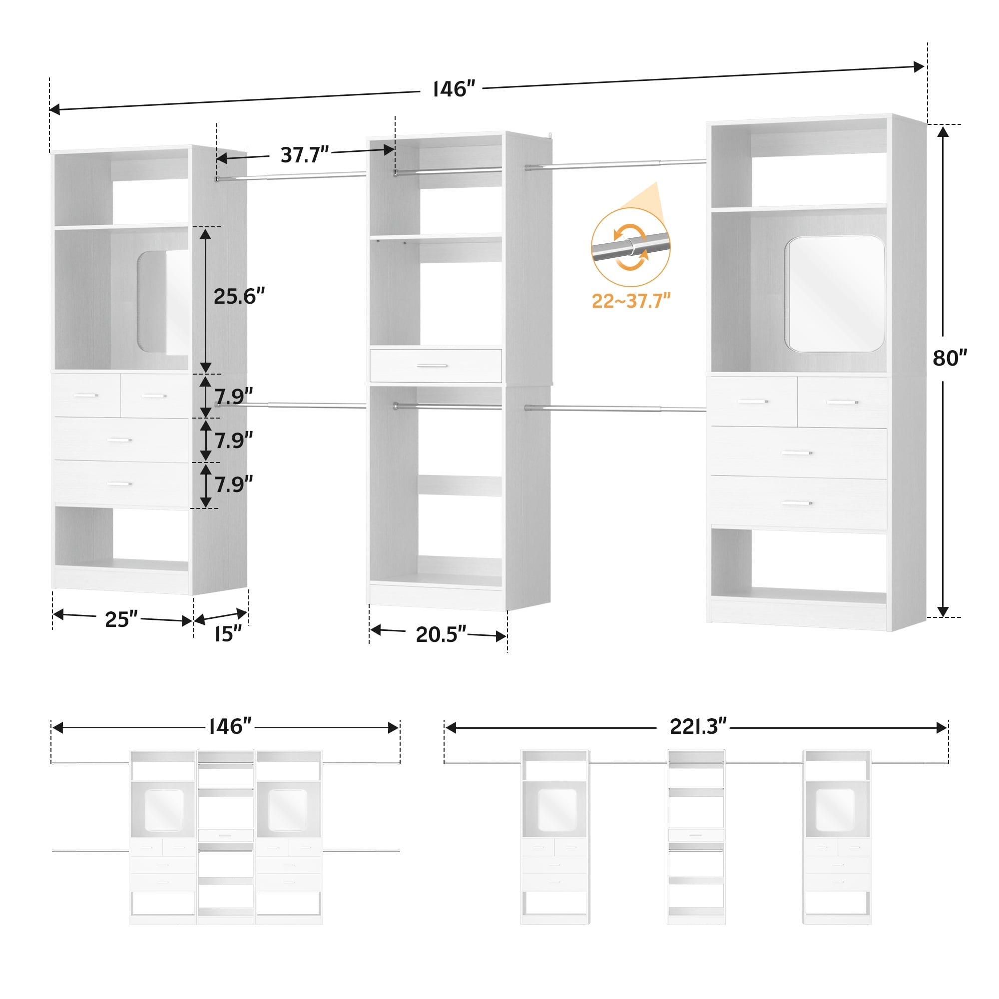 Homieasy 6 - 18.5 ft Closet System with 3 Sets, Closet Organizer with 2 Mirrors, 9 Drawers & 6 Closet Rods for Hanging Clothes, Garment Rack for Bedroom/Closet, 15''D x 79.7''H, White