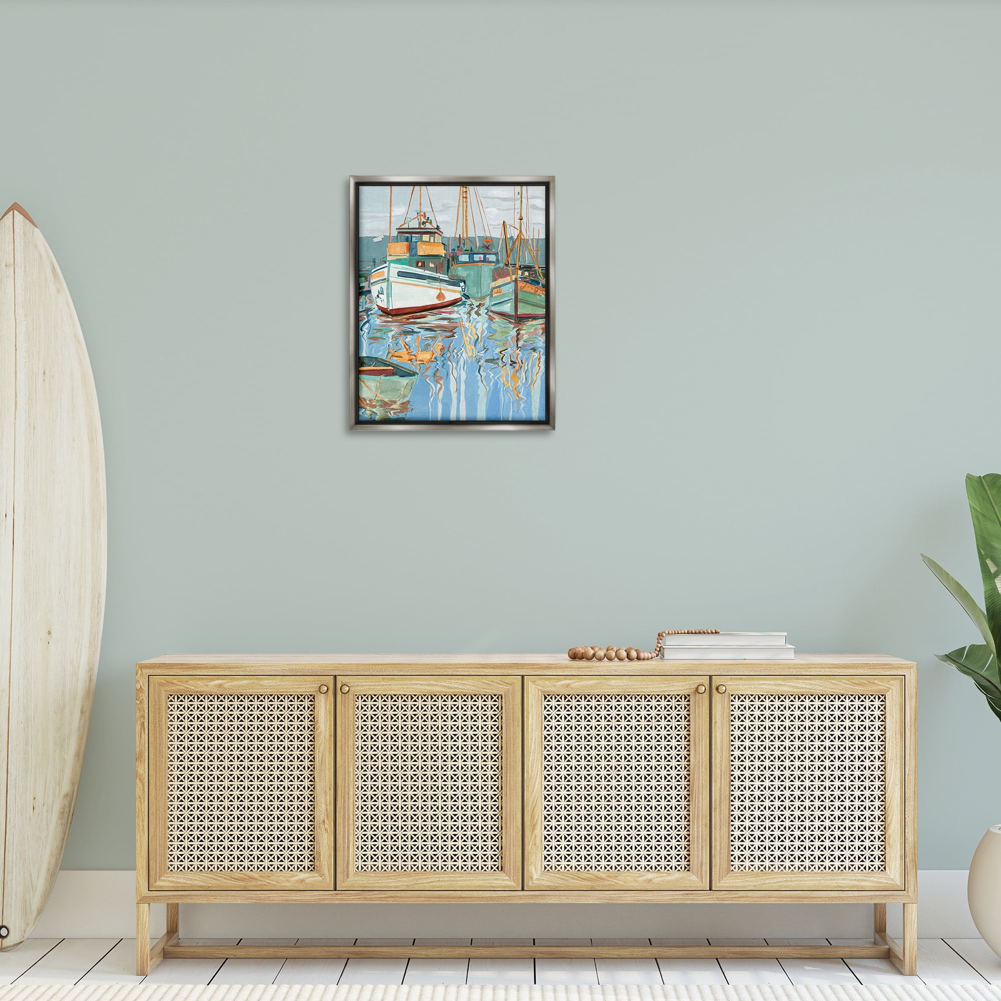 Stupell Industries Boat Harbor Reflections Transportation Painting Gray Floater Framed Canvas Art Print Wall Art, 25 x 31