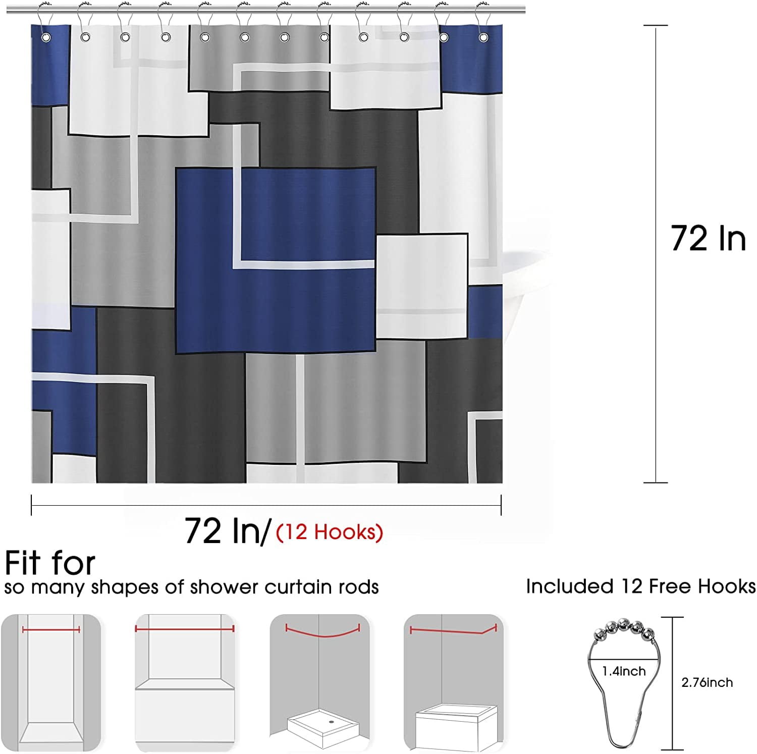 Blue Shower Curtain Set with Hooks Blue and White Shower Curtains for Bathroom Fabric Grey Shower Curtain Abstract Geometric Bath Curtains Decorative Gray Shower Curtain Water Repellent 72x72