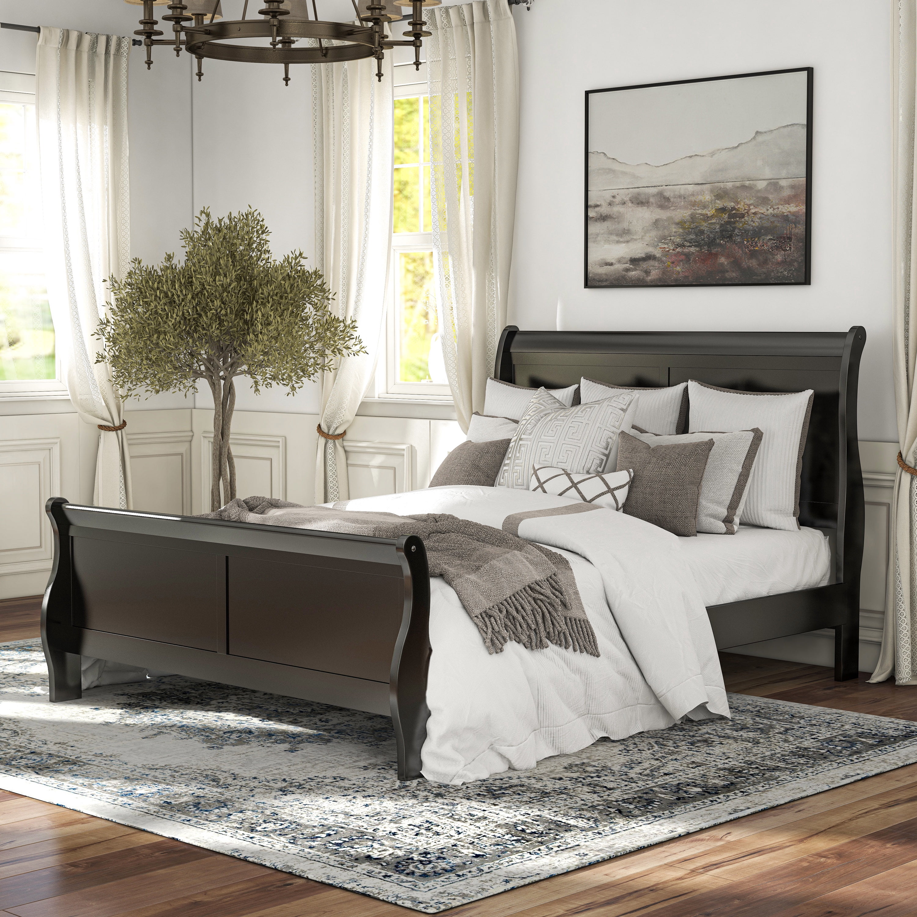 Furniture of America Vrai Adult Queen Sleigh Headboard Wood Bed, Black