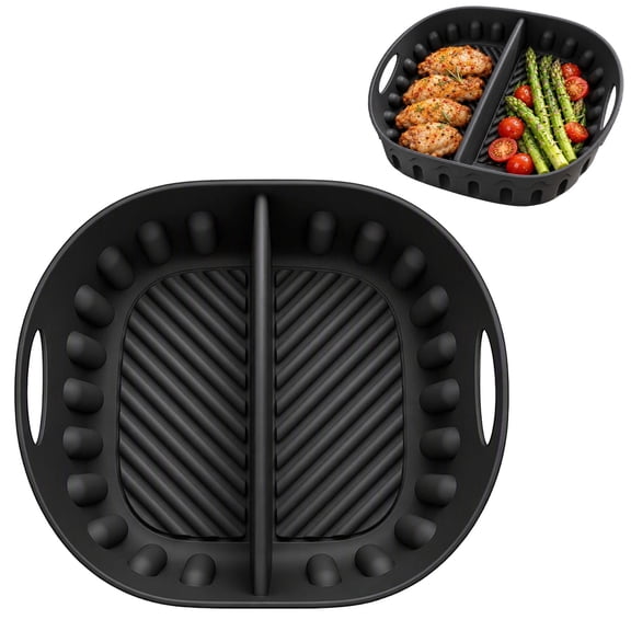 2 in 1 Dual Compartment Pot Baking Mat, Reusable Divided Fryer Silicone Liner, Non-Stick Airfryer Basket Liner for Kitchen, Oven Baking Mat Bowl Insert, Black 7.87 X 7.87 Inch