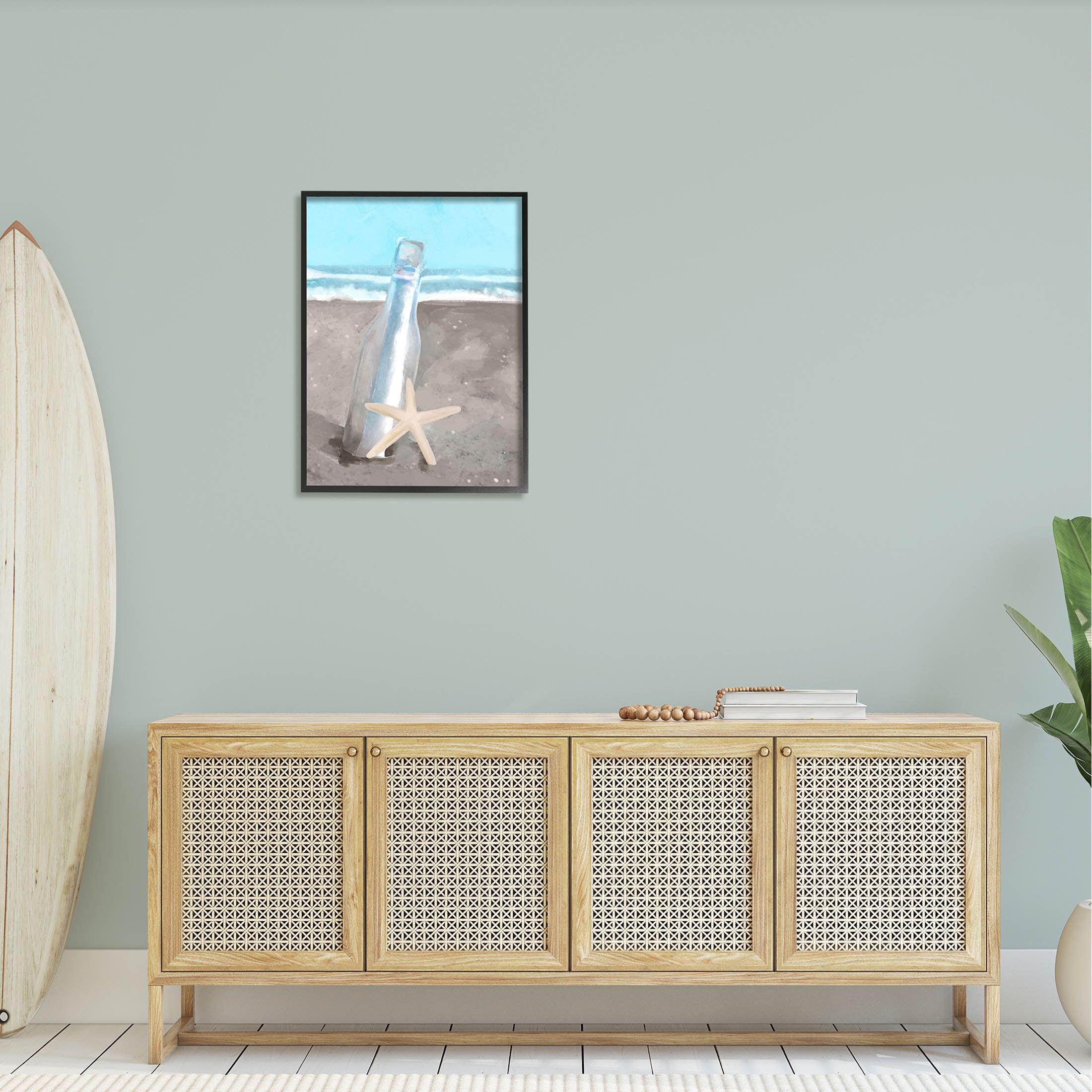 Message Bottle Beach Shore Coastal Graphic Art Black Framed Art Print Wall Art