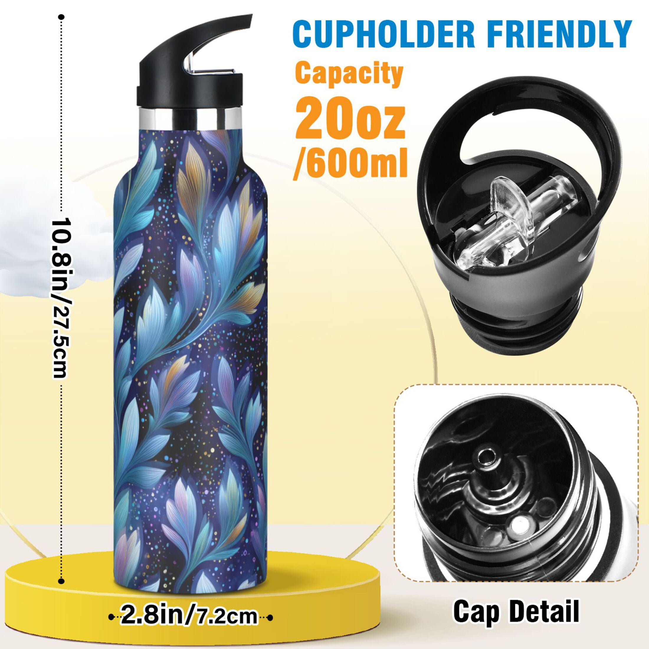 600ML Stainless Steel Insulated Cup Sports Water Bottle Portable Thermos Cup Water Glasses Insulated Tumblers Convenient and Durable Cartoon Blue Leaves