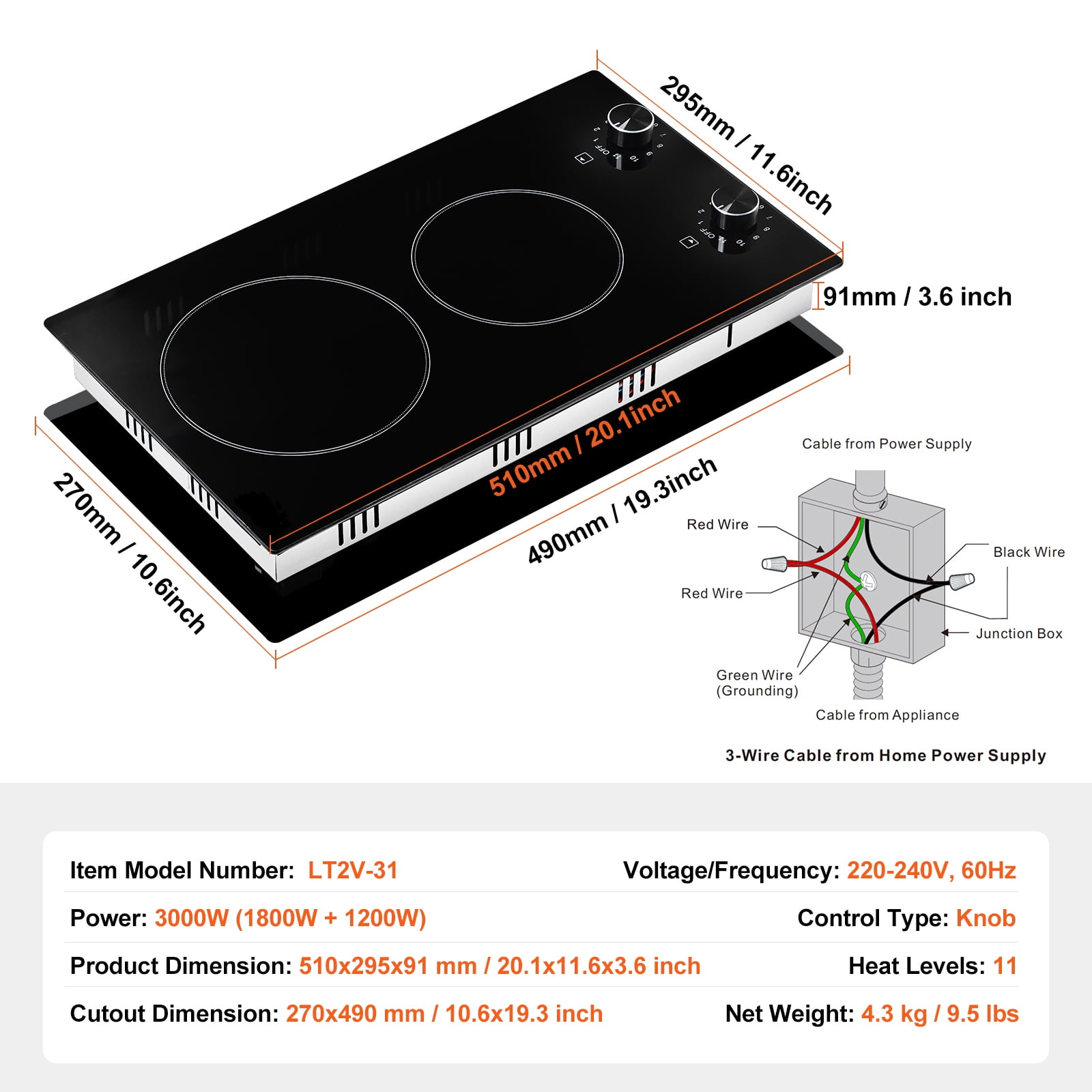 KFFKFF 12-Inch Electric Cooktop, 2-Burner Built-in Ceramic Stove, 3000W Radiant Heating, Glass Surface, Knob Controls, 11 Adjustable Heat Settings, 220-240V, Hardwired Connection (No Plug)