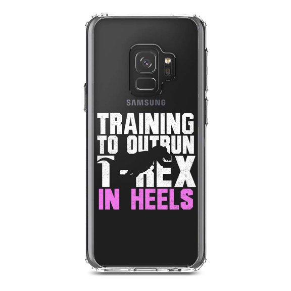 DistinctInk Clear Shockproof Hybrid Case for Samsung Galaxy S9 (5.8" Screen) - TPU Bumper Acrylic Back Tempered Glass Screen Protector - Training to Outrun T-Rex in Heels