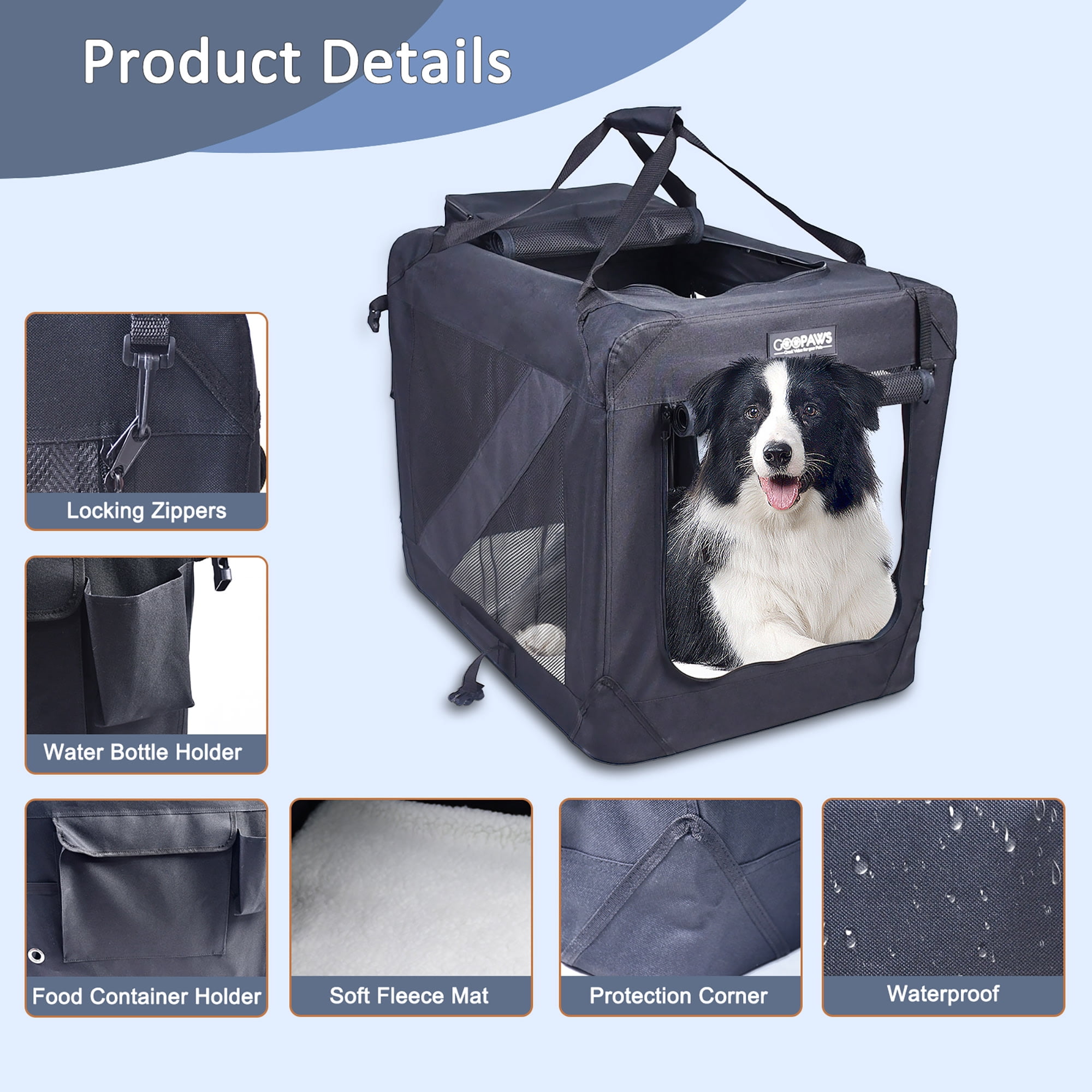 JESPET: 30" Soft Pet Crate - Black - Dogs & Cats Up to 50 lbs, 3 Door Folding Kennel, Indoor Outdoor Travel Carrier, Mesh Windows, Fleece Mat, GooPaws