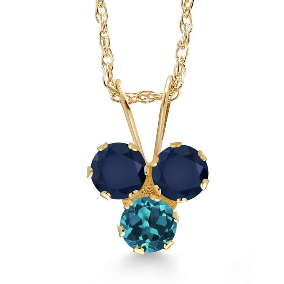Gem Stone King 14K Yellow Gold Blue Sapphire and London Blue Topaz 3-Stone Pendant Necklace for Women (0.43 Cttw, Gemstone September Birthstone, Round 3MM, 18 inch Chain)